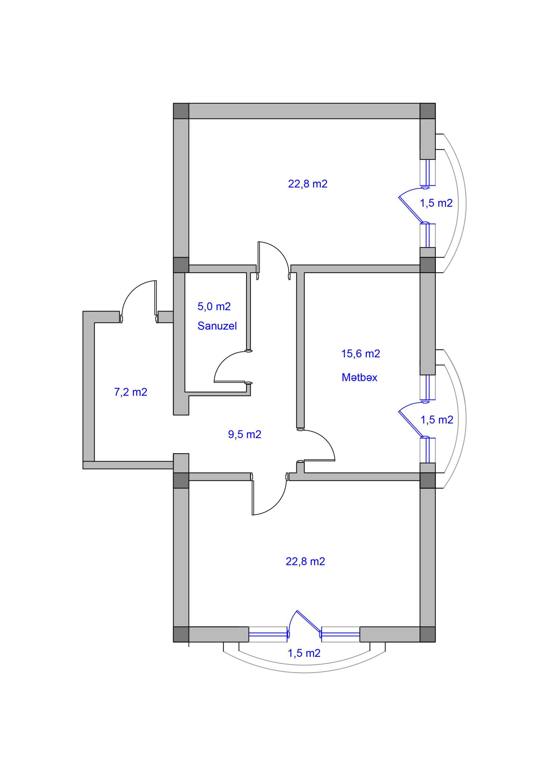 2 otaqlı mənzil planı, 87,4 m², Badam Apartments